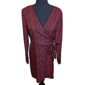 Skies Are Blue Dress Faux Wrap Red Black Animal Print Long Sleeve Size Medium